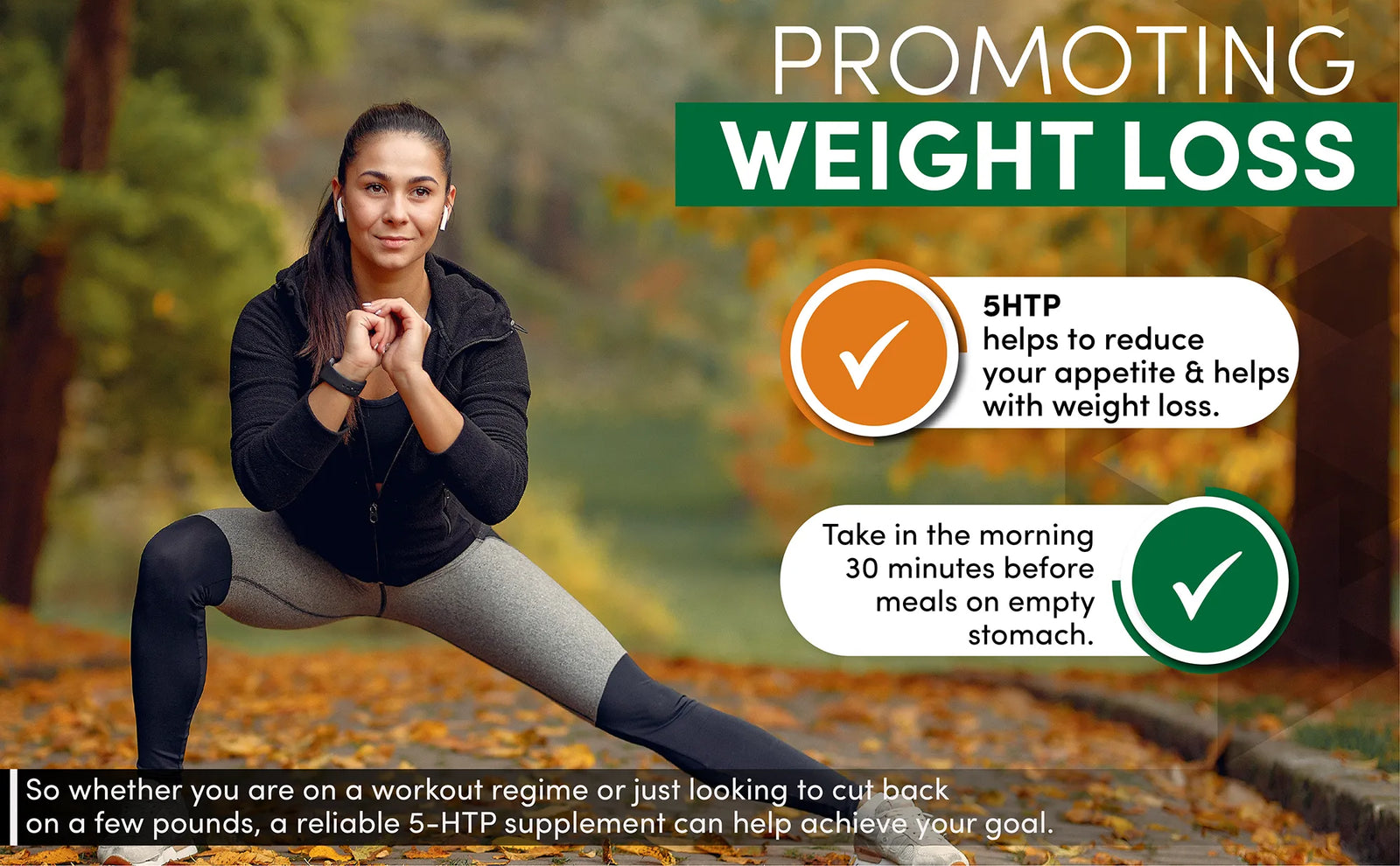 Woman in outdoor setting with promotional text about 5HTP for weight loss.