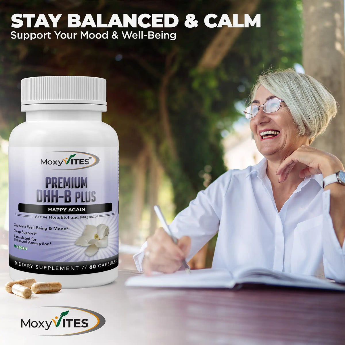 MoxyVites Premium DHH-B Plus supplement bottle with a woman sitting outdoors, text 'Stay Balanced & Calm'.