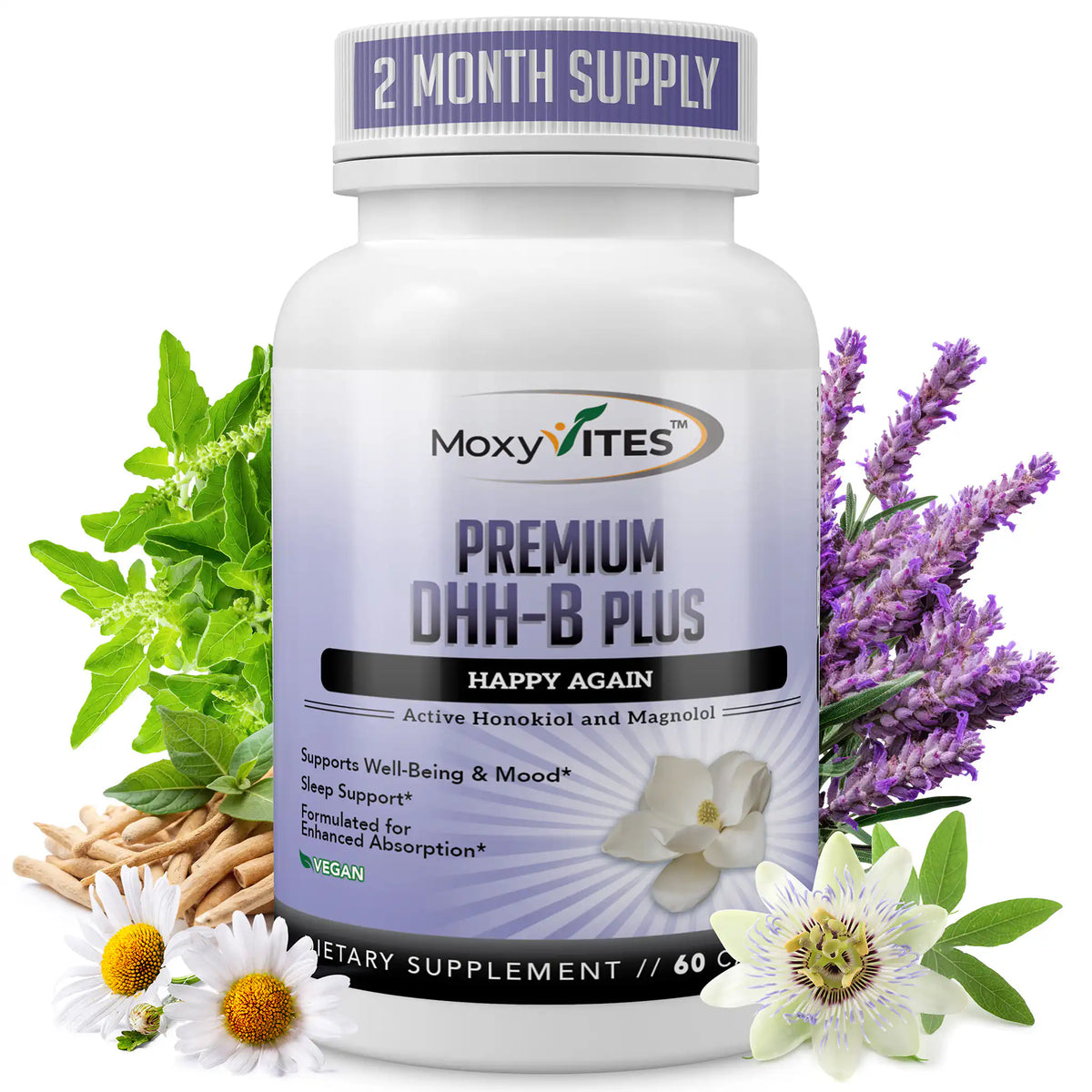 Supplement bottle labeled 'MoxyVites Premium DHH-B Plus' with natural elements on a white background