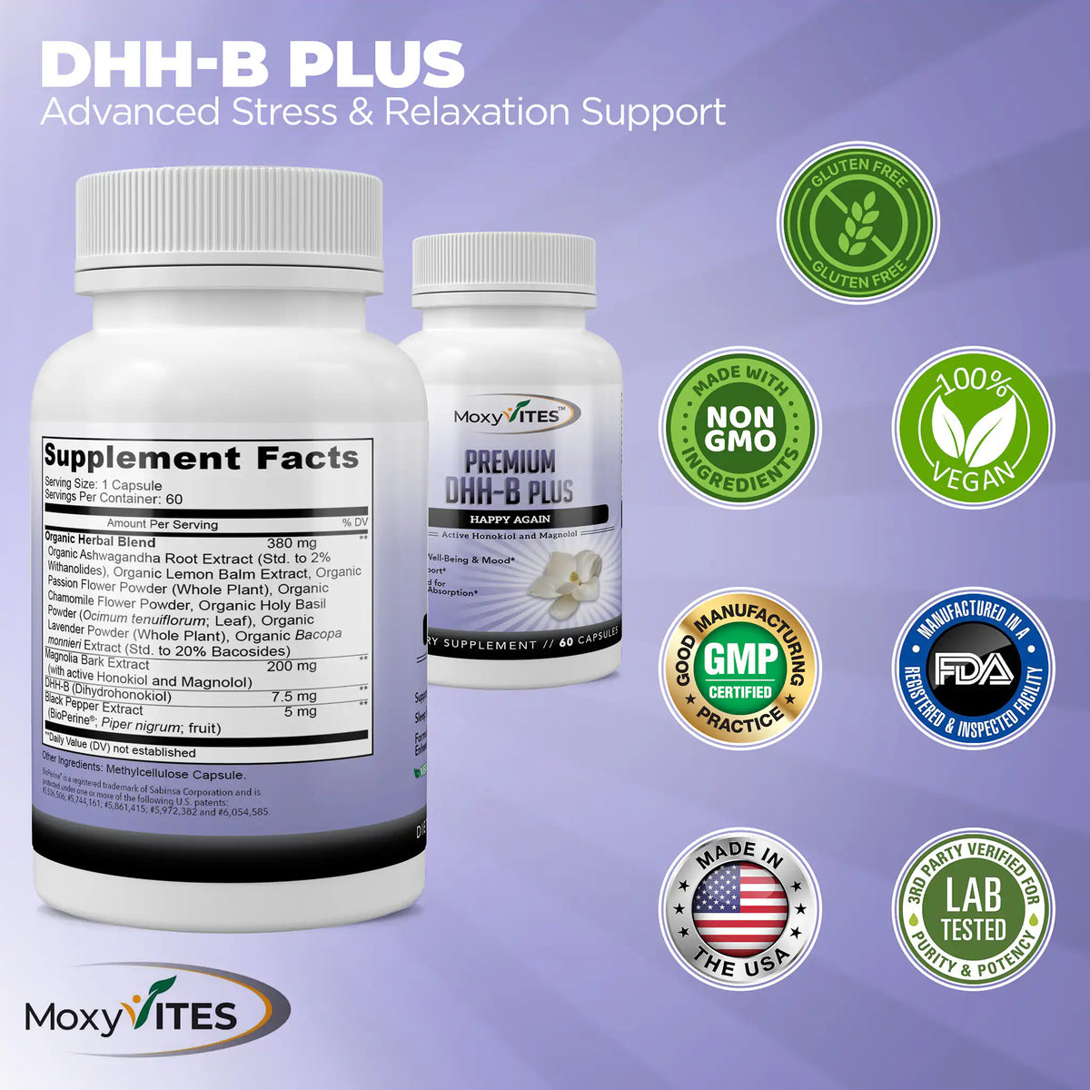 Two bottles with certification logos: gluten-free, non-GMO, third party tested, 100% vegan, made in USA. 
