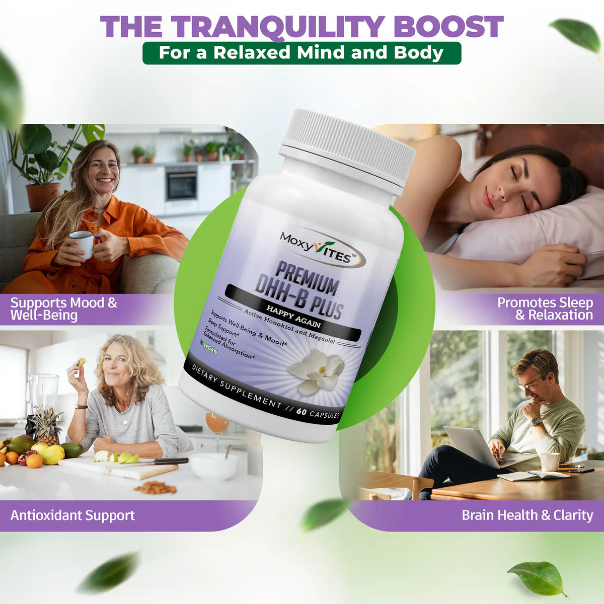 Lifestyle images and text: for a relaxed mind and body, promotes sleep and relaxation. 