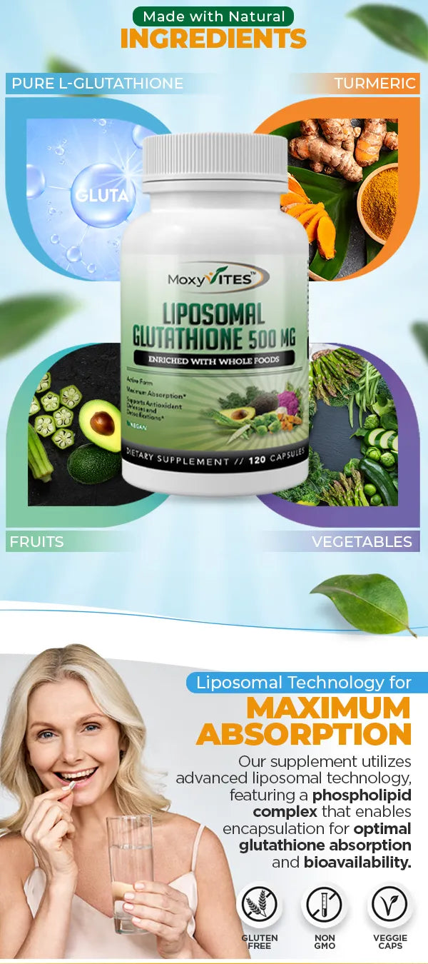 Moxyvites liposomal glutathione supplement with natural ingredients and a woman holding a glass of water.