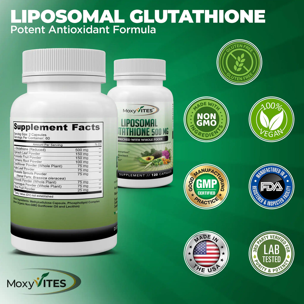 Two bottles with certification logos: non-GMO, gluten-free, 100% vegan, 3rd party tested, made in USA 
