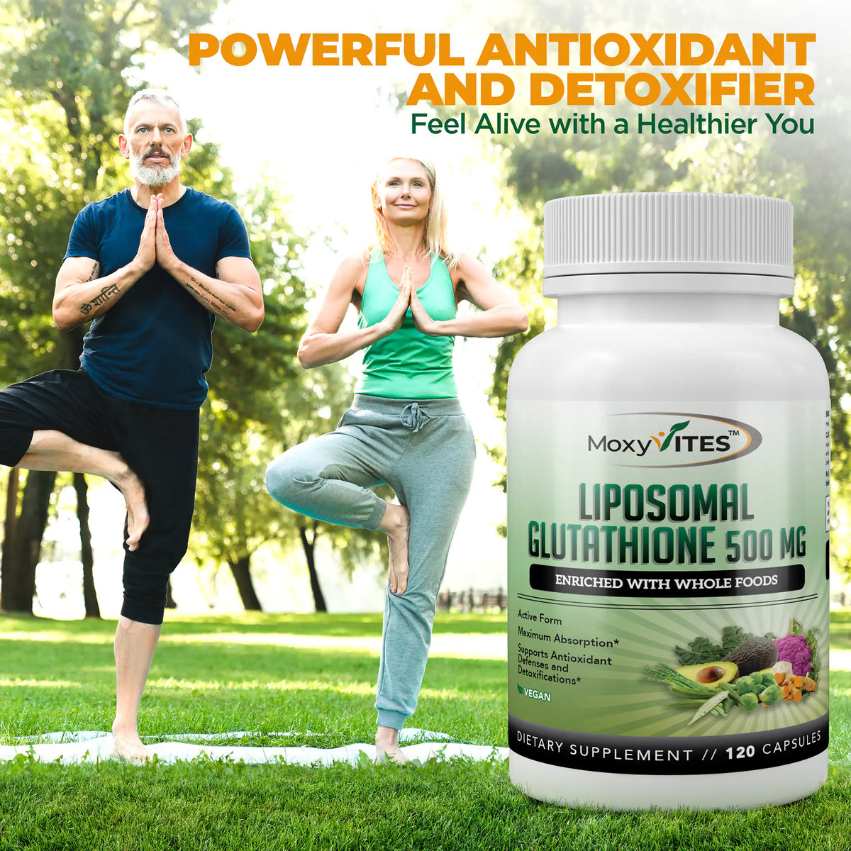 Two people practicing yoga in a park with a bottle in the foreground.