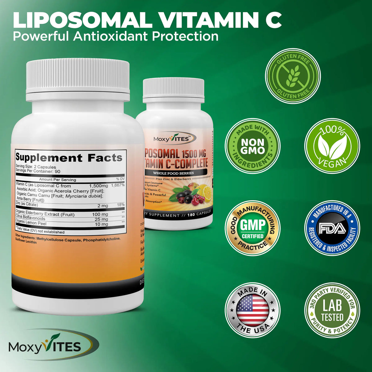 Infographics with two bottles with front label and supplement facts, with certification logos:  Non-GMO ingredients, 3rd party tested, 100% vegan, gluten-free, made in the USA 