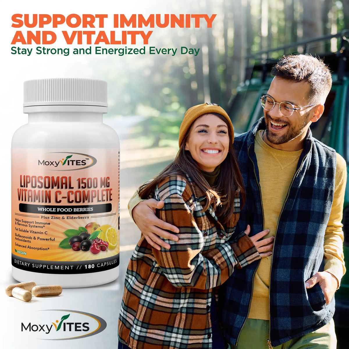 Our supplement bottle with a couple embracing outdoors, promoting immunity and vitality and an image bottle on the left side.