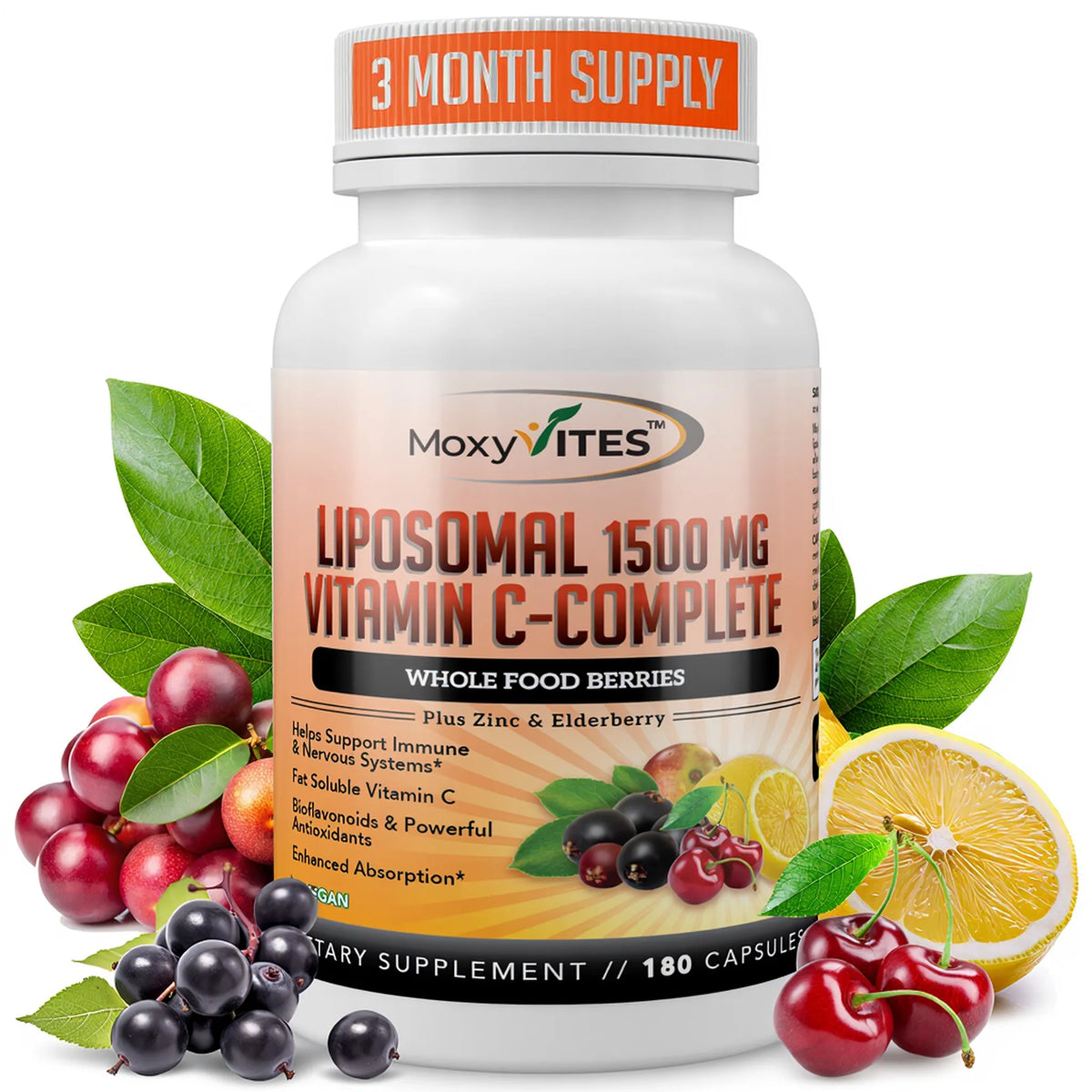 MoxyVites Liposomal Vitamin C Complete supplement bottle with fruits and leaves on a white background