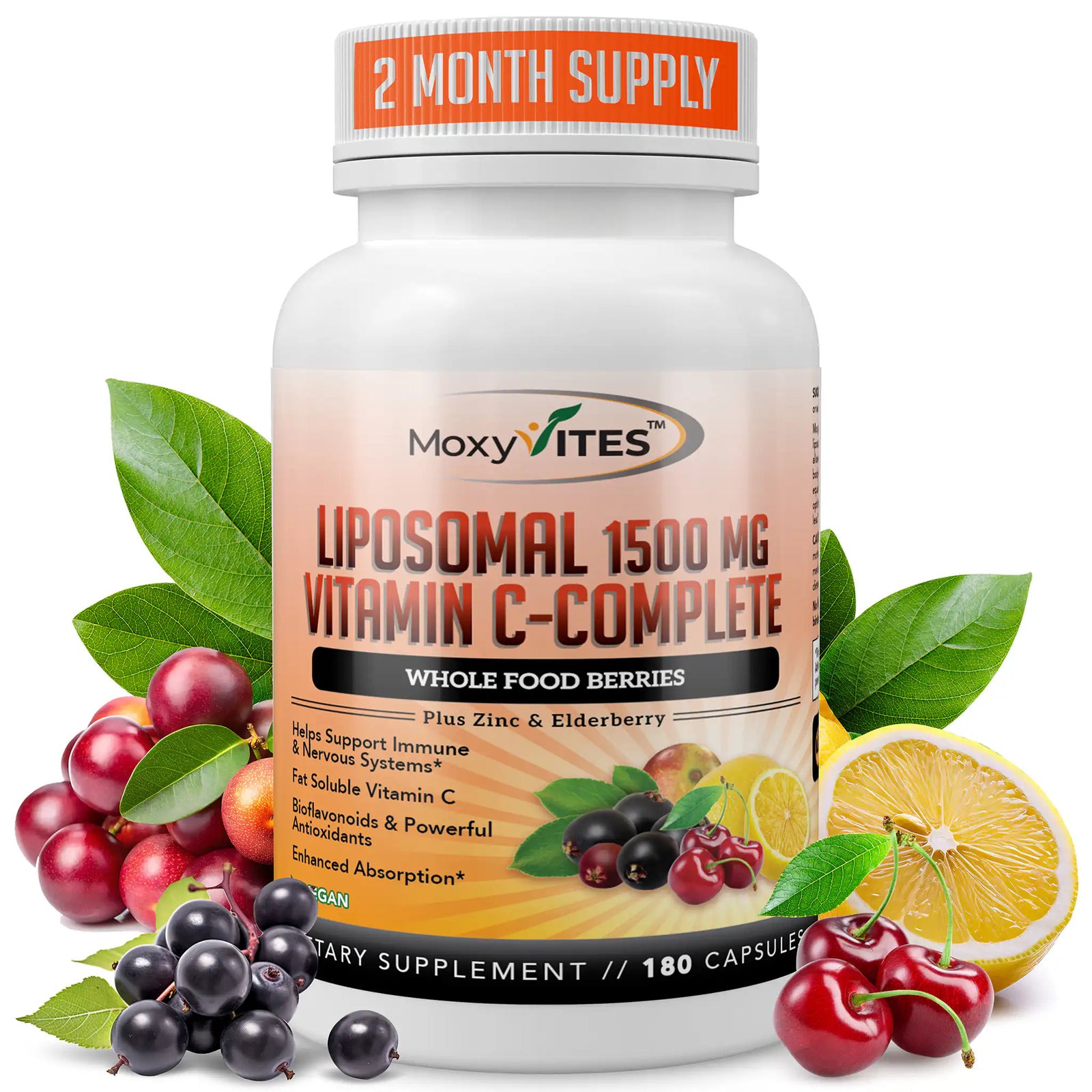 Front view of Liposomal Vitamin C supplement bottle with surrounding elderberries and Amla fruit, slice of orange on the white background.