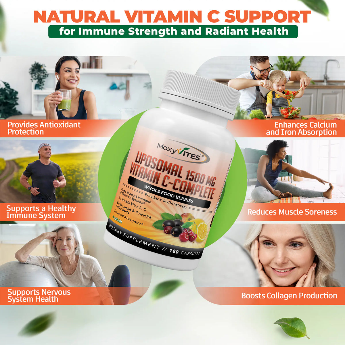 Infographics with lifestyle images and health benefits: provides antioxidant protection, supports healthy immune system, boosts collagen production enhances calcium absorption, reduces muscle soreness. 