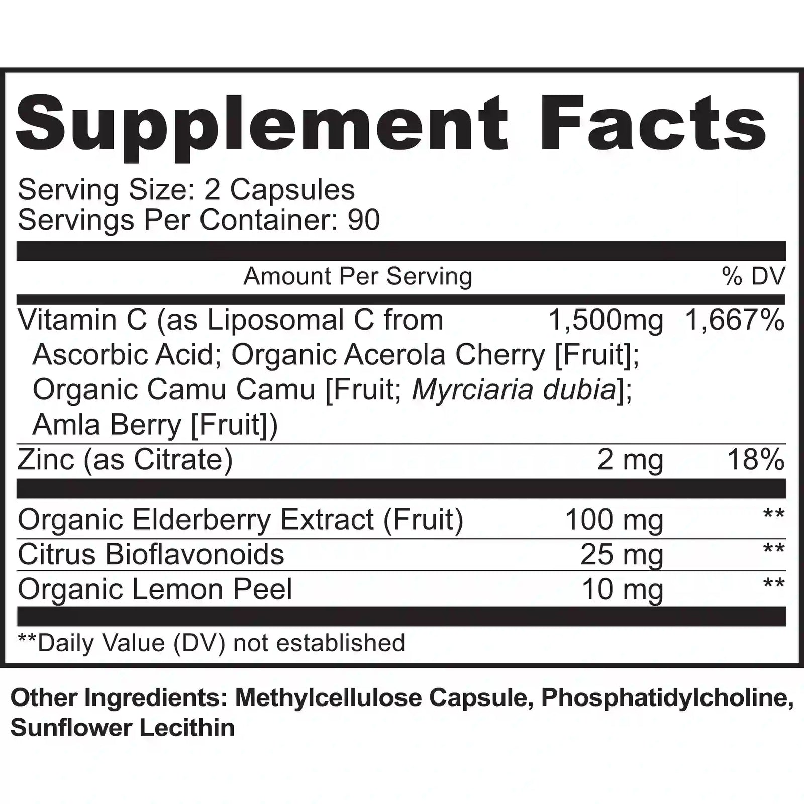 Front view of Liposomal Vitamin C supplement bottle with surrounding elderberries and Amla fruit, slice of orange on the white background.