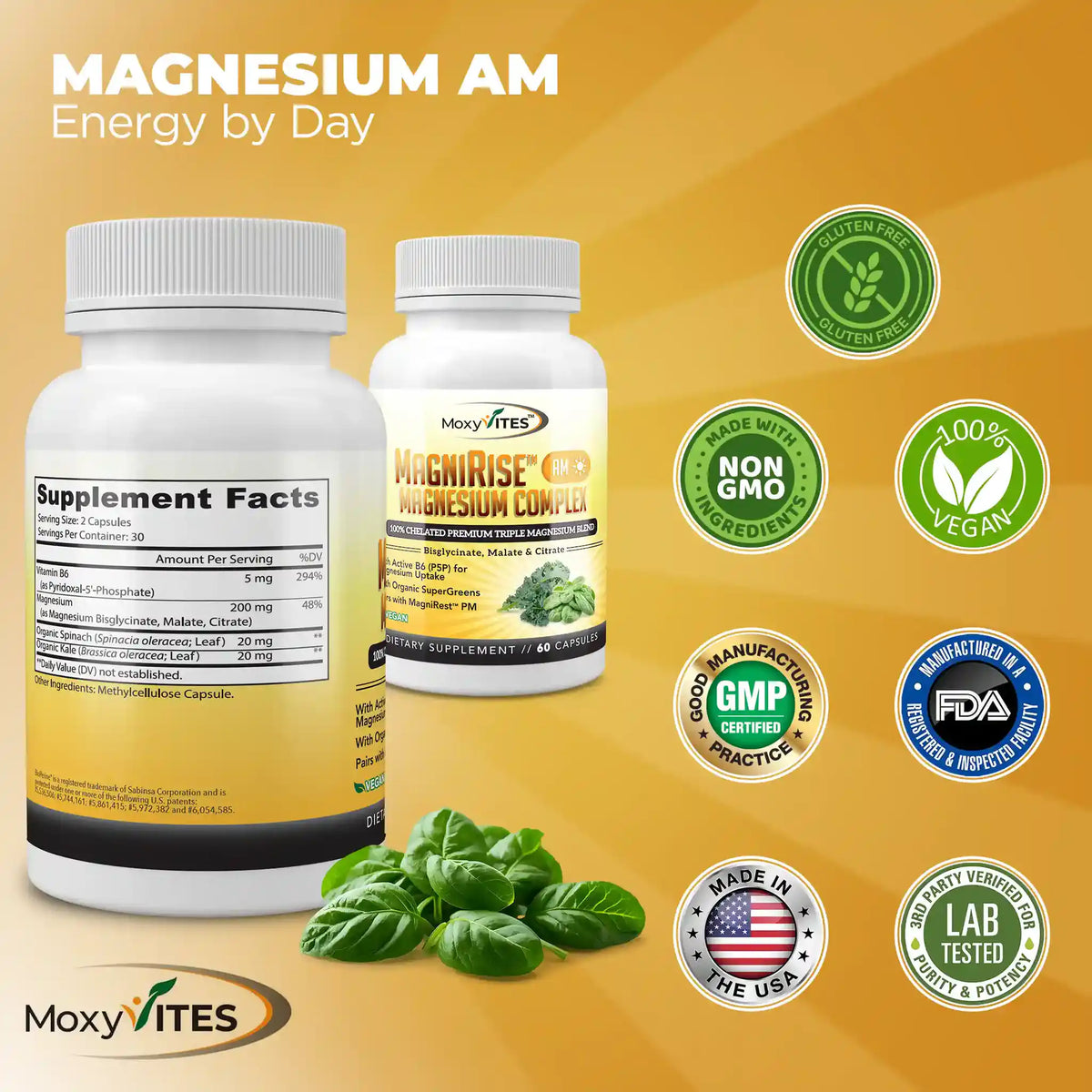 Two supplement bottles labeled 'Magnesium AM' on a yellow background with certification logos: non-GMO, third party tested, 100% vegan and gluten free. 