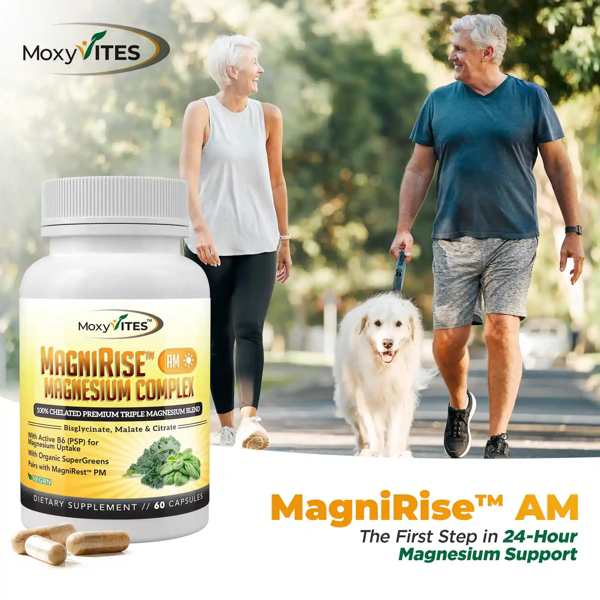 Supplement bottle labeled 'MagniRise AM' with an older couple walking a dog in the background.
