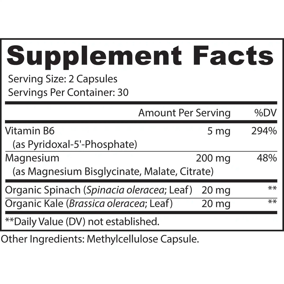 Supplement facts label with: magnesium bisglycinate malate and citrate, vitamin b6, organic spinach and kale 