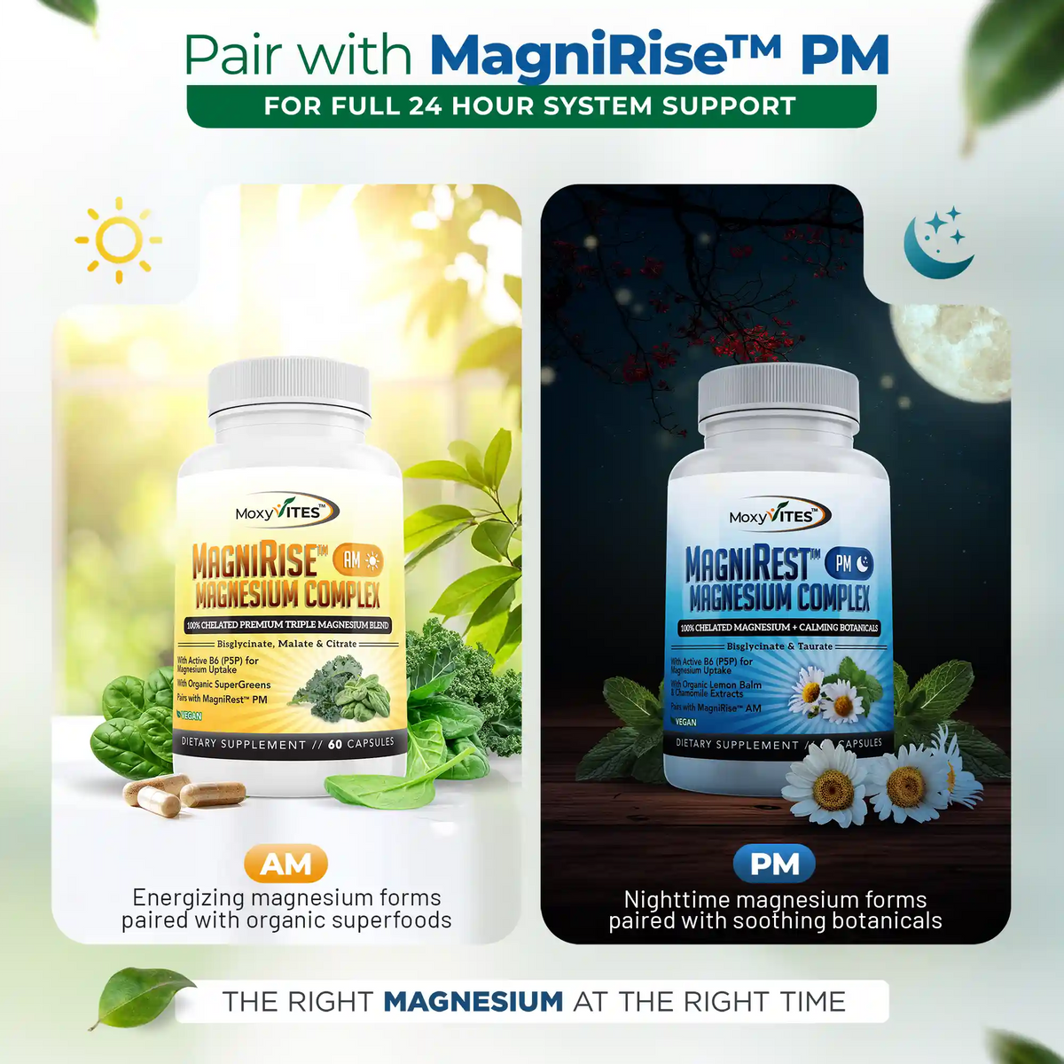 Two bottles of MagniRise and MagniRest magnesium complex with AM and PM labels on a natural background.