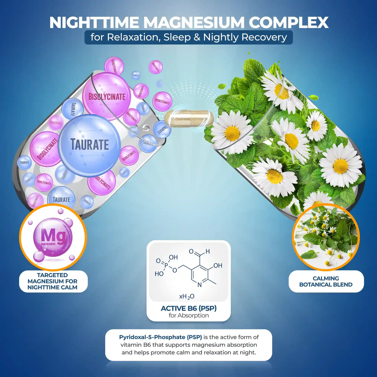 Illustration of a nighttime magnesium complex supplement with flowers and chemical formulas on a blue background.
