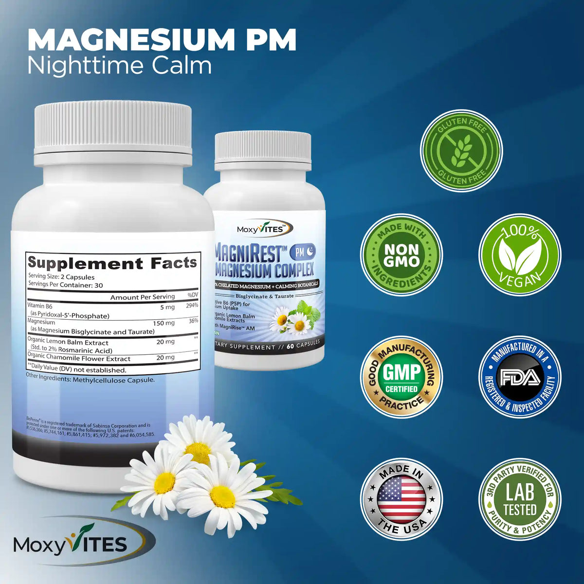 Two bottles of Magnesium PM supplement with certification logos: non-GMO, 100% vegan, gluten free, 3rd party tested and made in USA. 