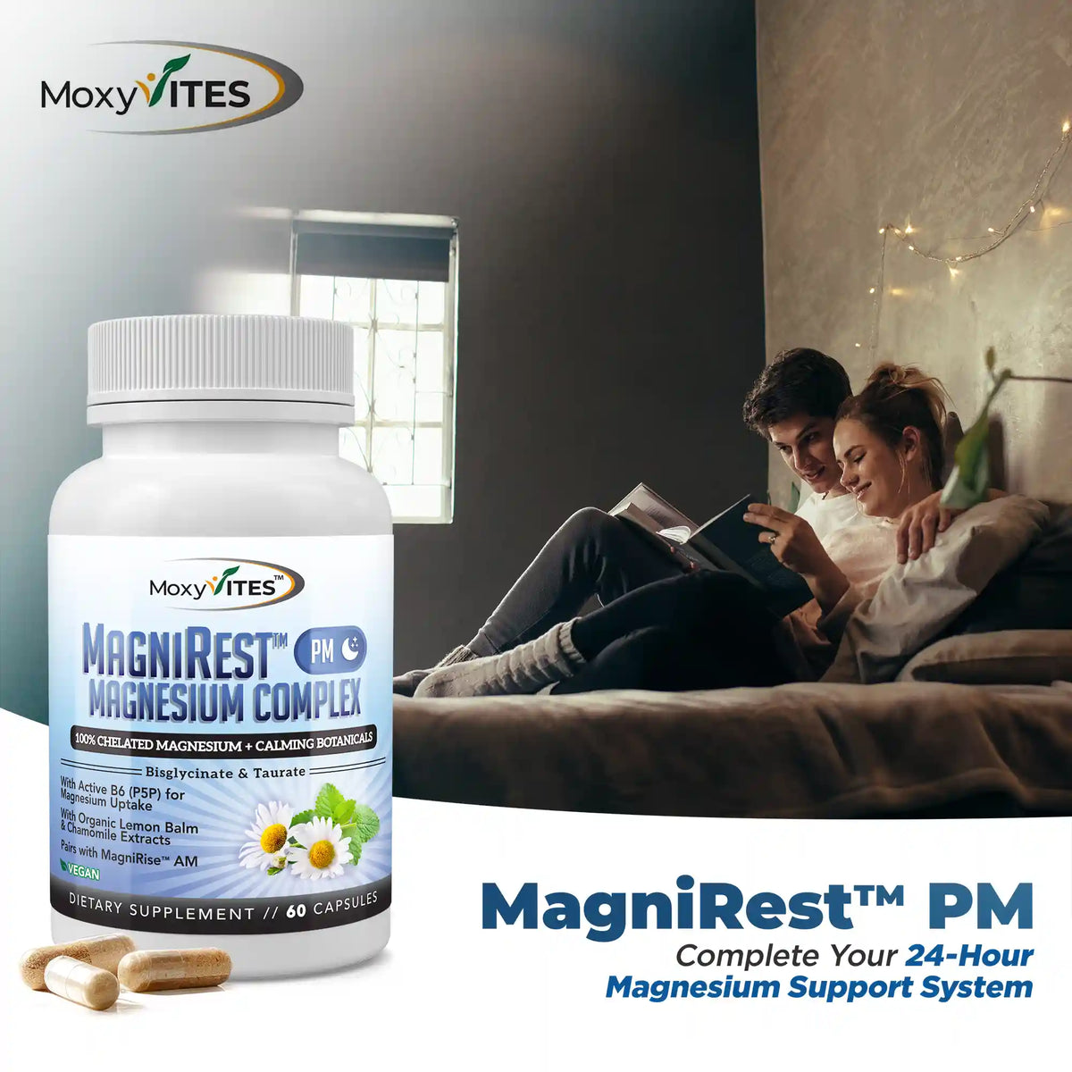 Supplement bottle labeled 'MagniRest PM' with a couple reading on a couch in the background.