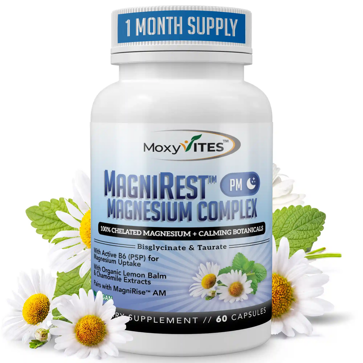 Bottle of MoxyVites MagniRest Magnesium Complex supplement with flowers on a white background