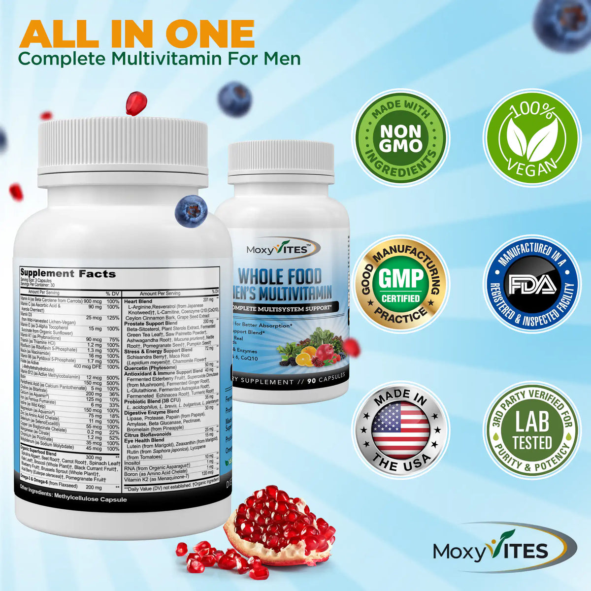 Two bottles with certification logos non-GMO, 100% vegan, 3rd-party tested and GMP certified, made in USA 