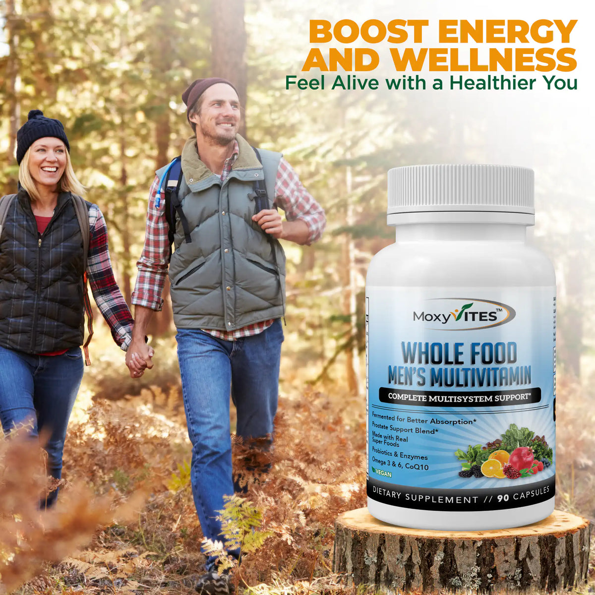 Two people hiking in a forest with a bottle of multivitamin on a log. Boost energy and wellness 