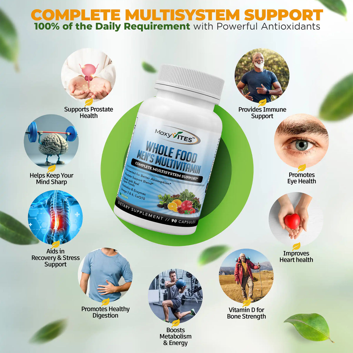 Infographics with health benefits for prostate health, Sharp Mind, Stress Support, Immune Support