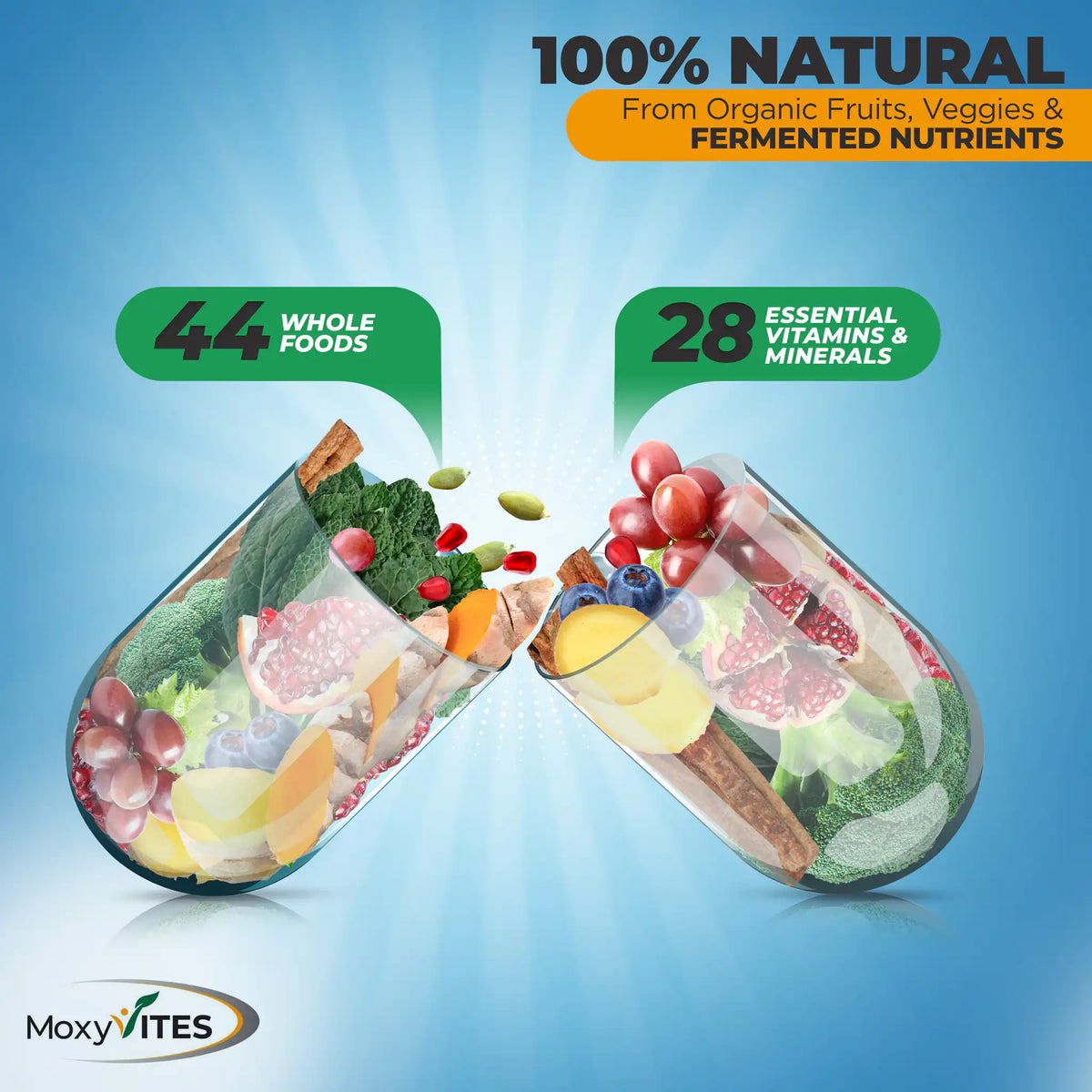 two capsules filled with fruits and vegetables on a blue background, 44 whole foods and 28 essential vitamins and minerals, natural ingredients, organic fruits and vegetables.