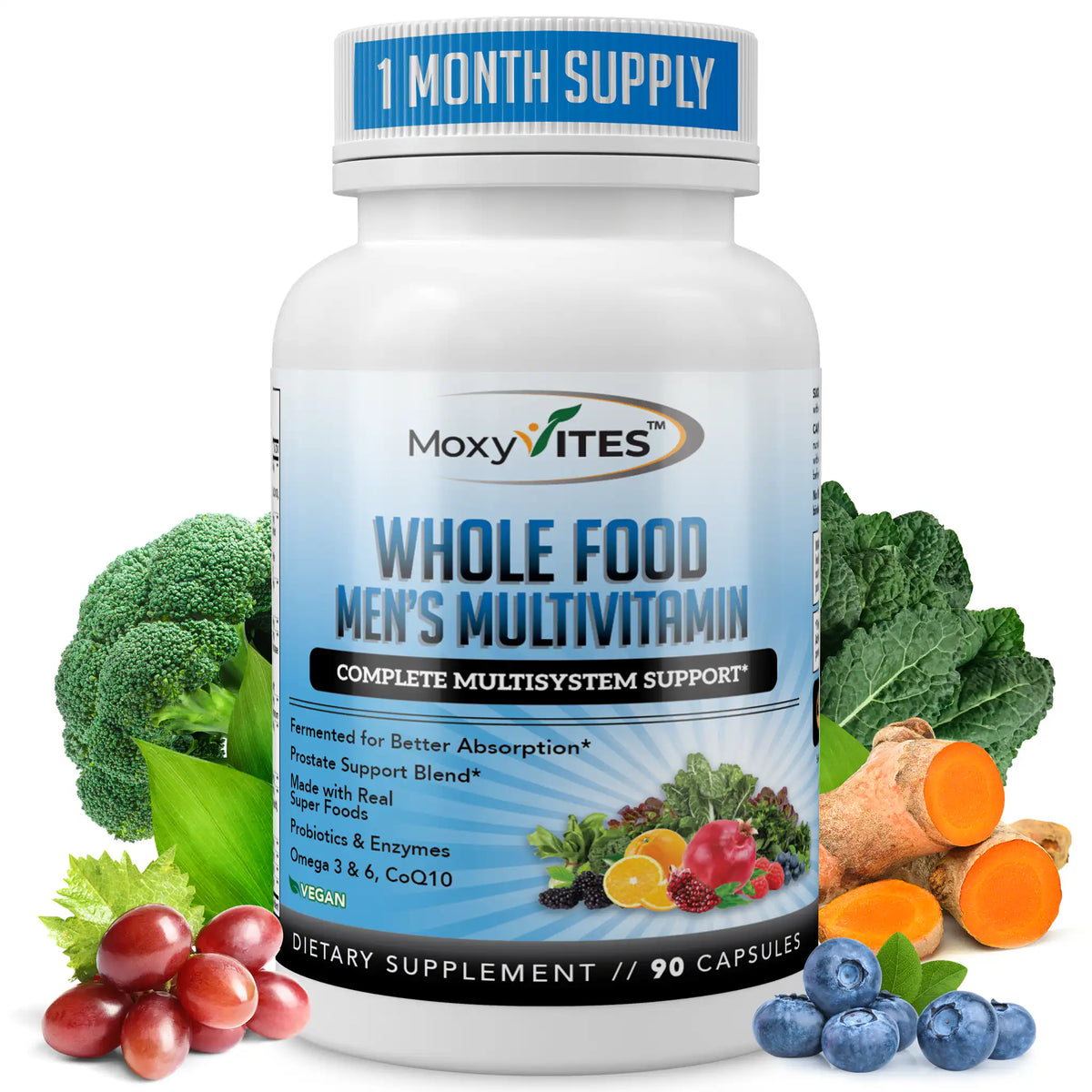 Multivitamin bottle with vegetables on a white background, 90 capsules, one month supply.