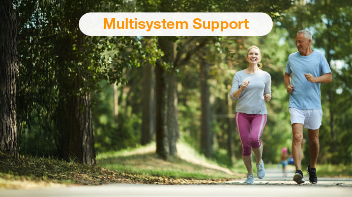 Image of a couple jogging in the forest area with text "multi-system support".