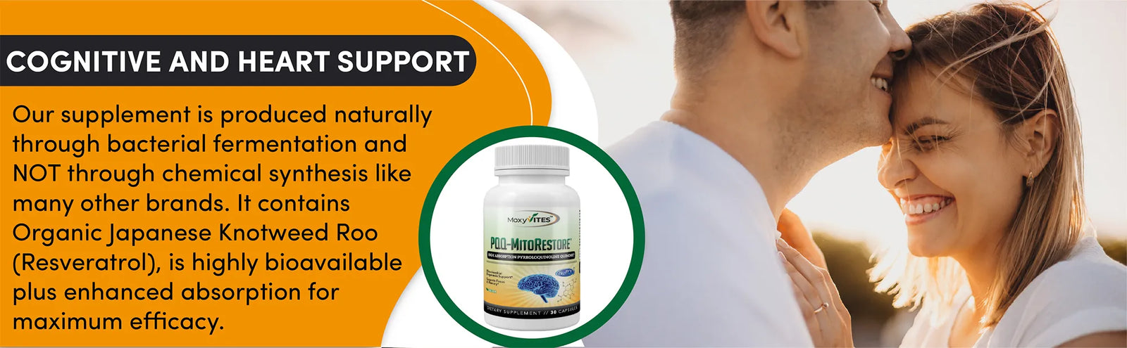 Supplement bottle with promotional text about cognitive and heart support, featuring a couple in the background.