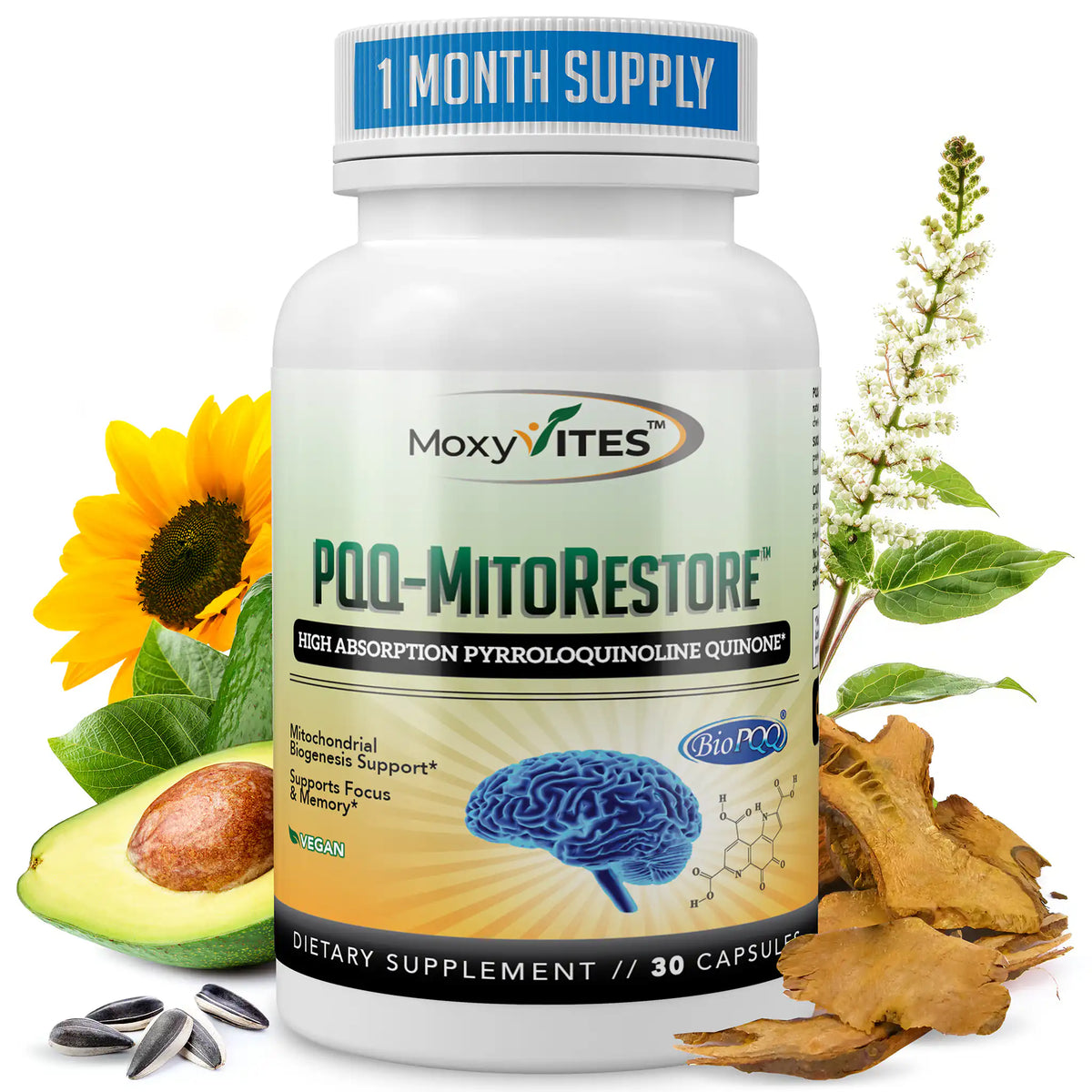 Supplement bottle labeled 'PQQ-MitoRestore' by MoxyVites with natural elements on a white background