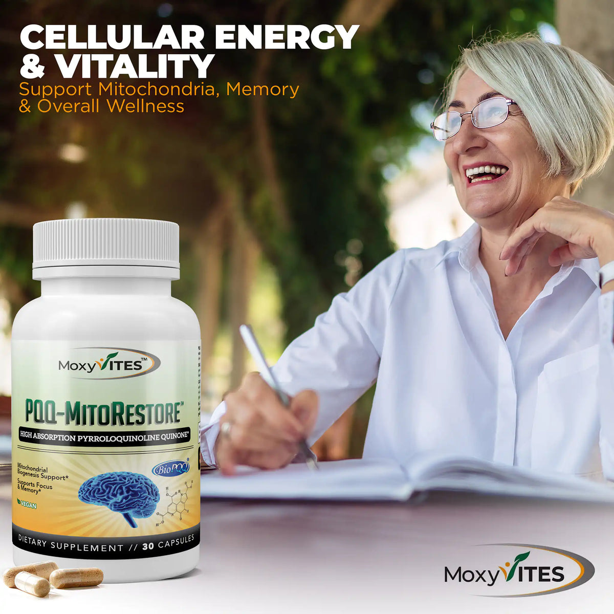 Supplement bottle with a woman sitting outdoors, text about cellular energy and vitality.