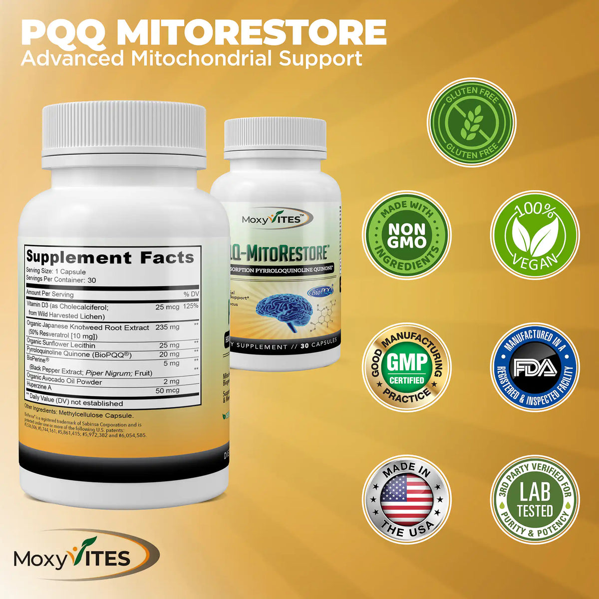 Two bottles with certification logos: gluten free, non-gmo, third-party tested 100% vegan, made in usa 