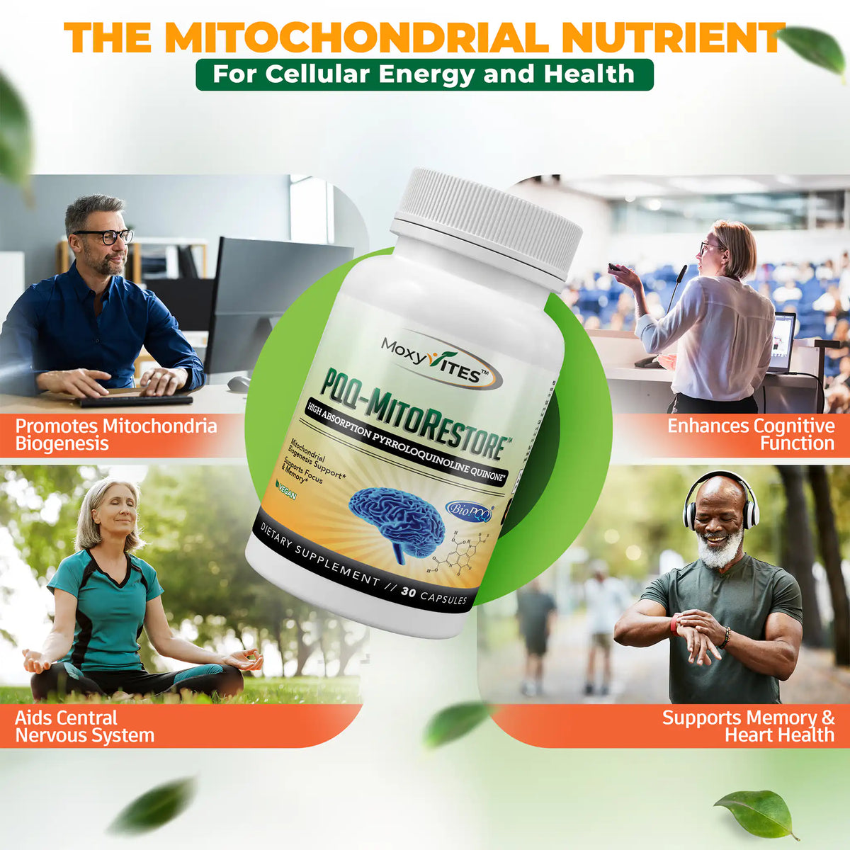 Lifestyle images and benefits: for cellular energy and health, promotes mitochondria biogenesis, enhances cognitive function, supports memory.