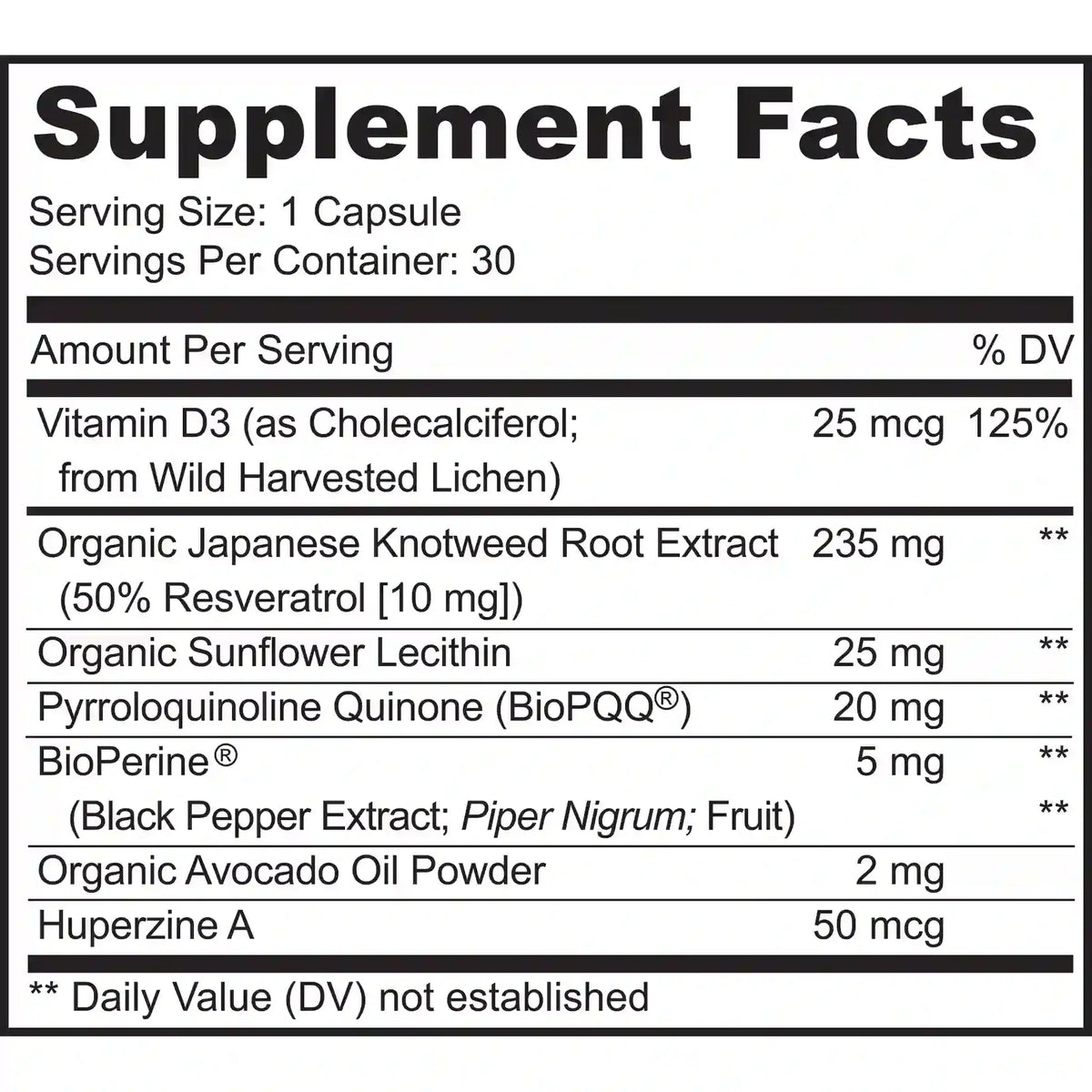 Supplement facts label with ingredients, BioPQQ, Vitamin D3, 30 servings per container, one capsule per serving. 
