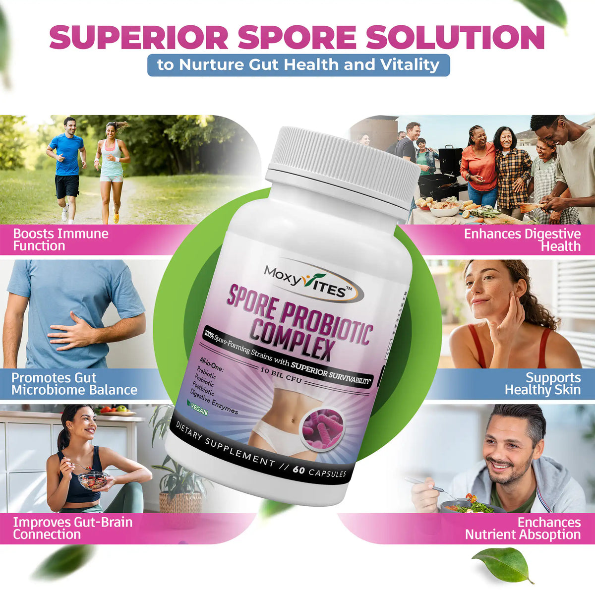Lifestyle images and text: promotes gut-microbiome balance, Improves gut-brain connection, boosts immune function 