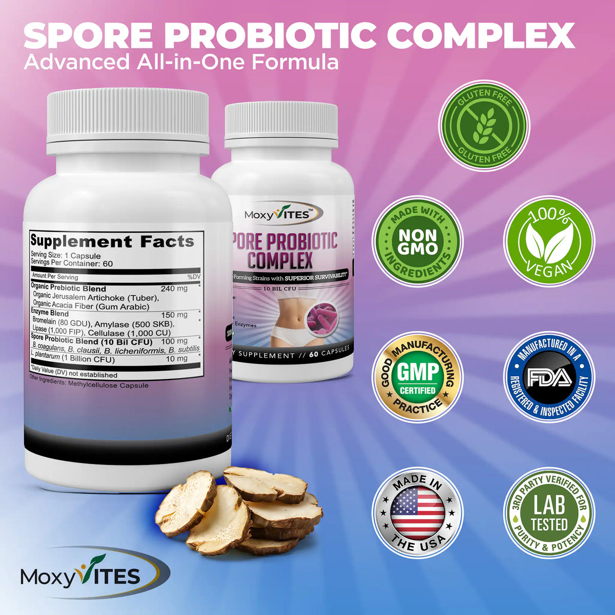 Two bottles and certification logos: non-GMO, 100% vegan, gluten-free, third-party tested, made in USA 