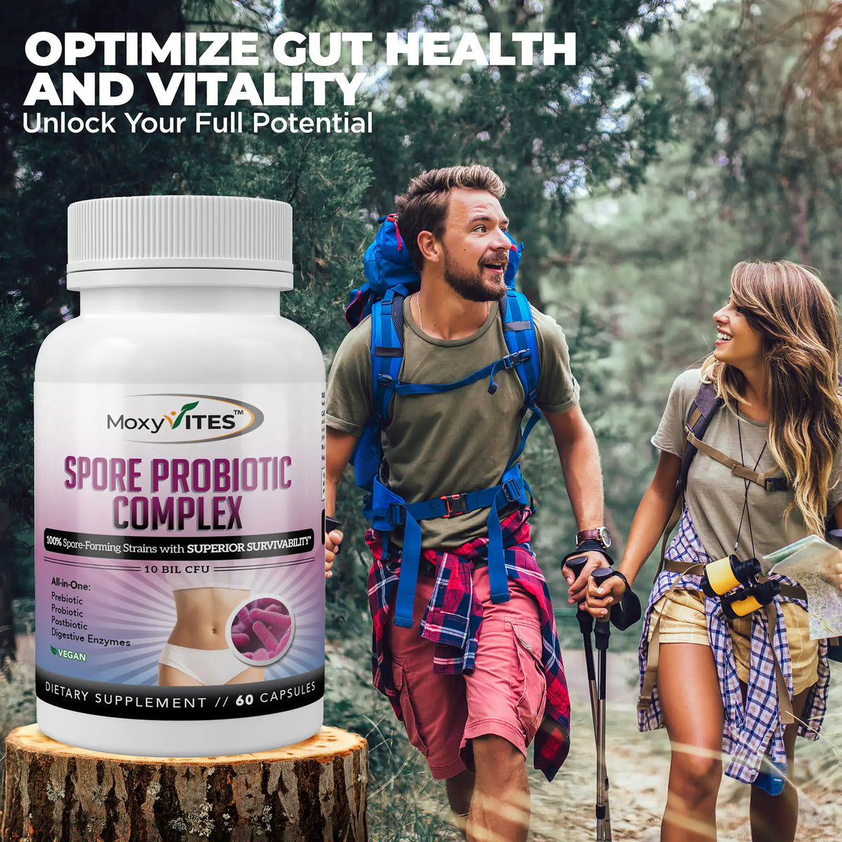Supplement bottle labeled 'Spore Probiotic Complex' with a couple hiking in the background.
