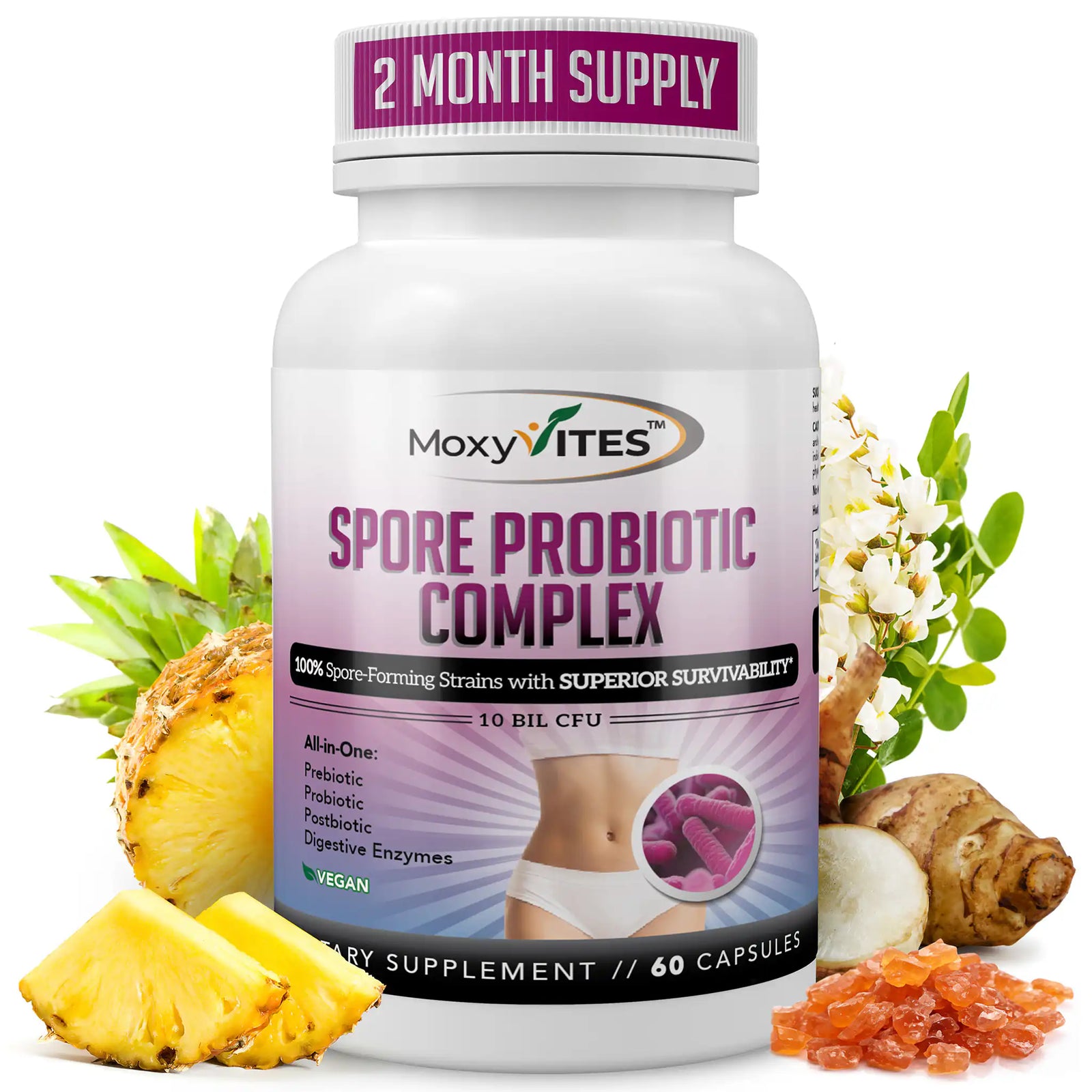 MoxyVites Spore Probiotic Complex supplement bottle with various surrounding ingredients on white background