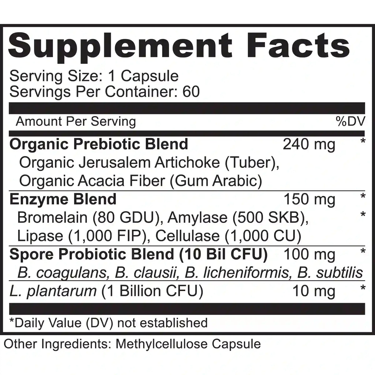 Supplement facts label: organic probiotic blend, enzyme blend, 10 billion CFU spore probiotic blend 
