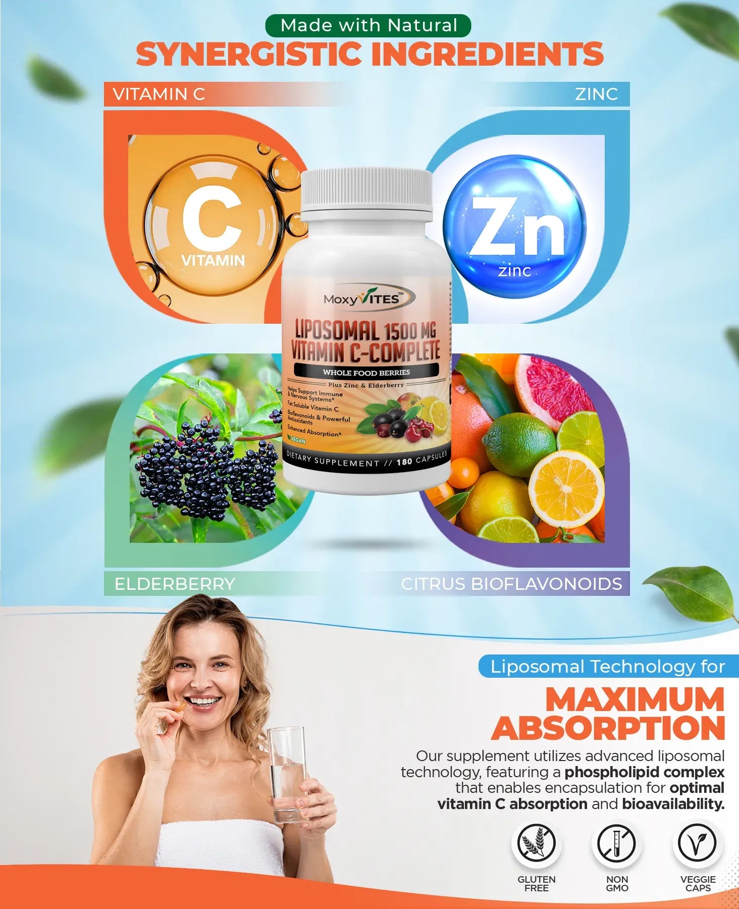 Supplement bottle with vitamin C, zinc, elderberry, and citrus bioflavonoids on a colorful background.