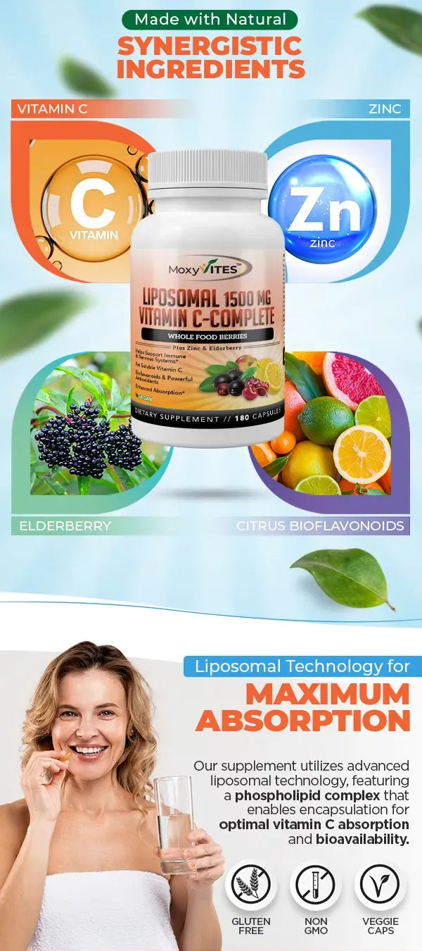 Supplement bottle with colorful graphics and text about liposomal technology and maximum absorption.