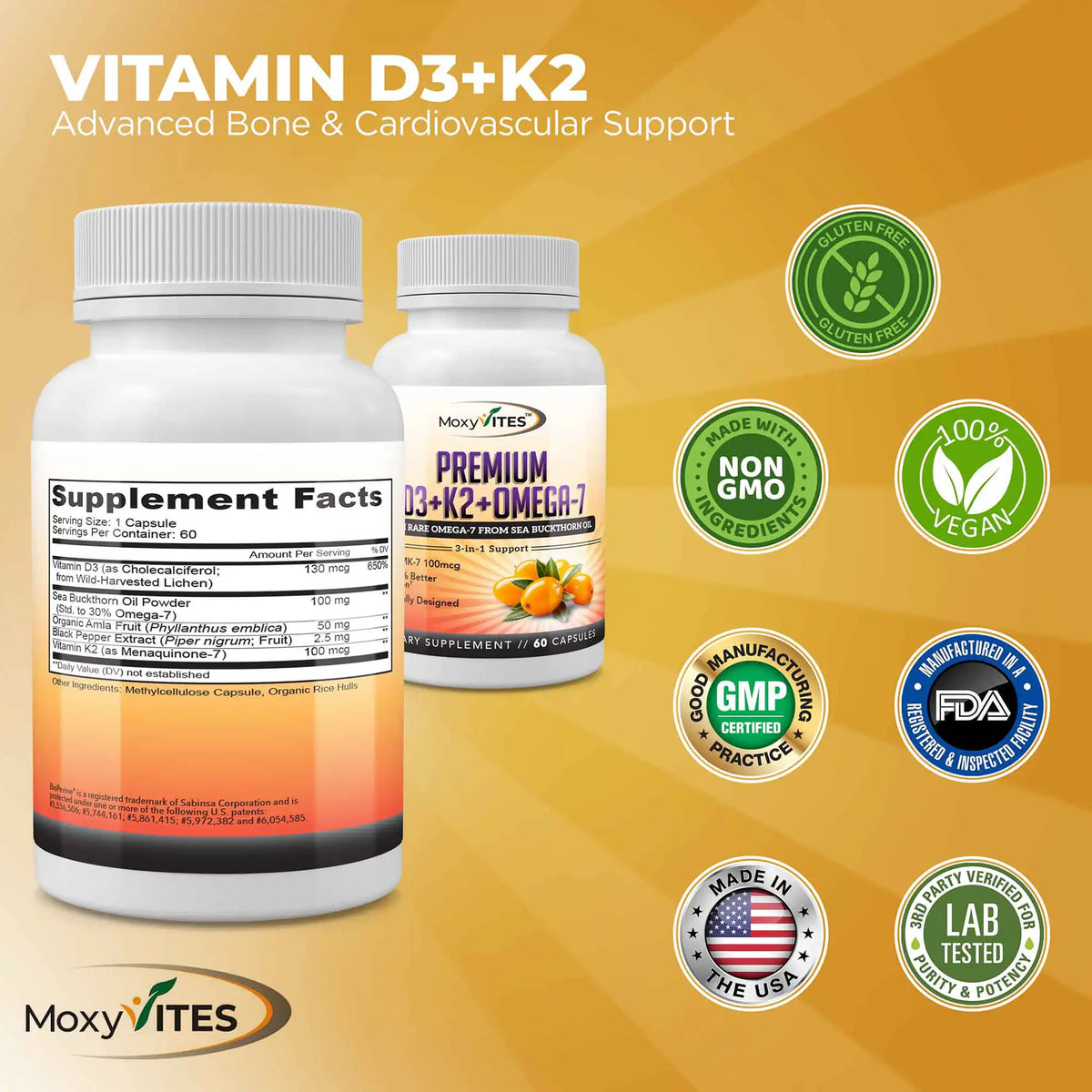 Two bottles of Vitamin D3+K2 supplements with various certification logos: non GMO, GMP certified, 100% vegan, third party tested, made in USA. 