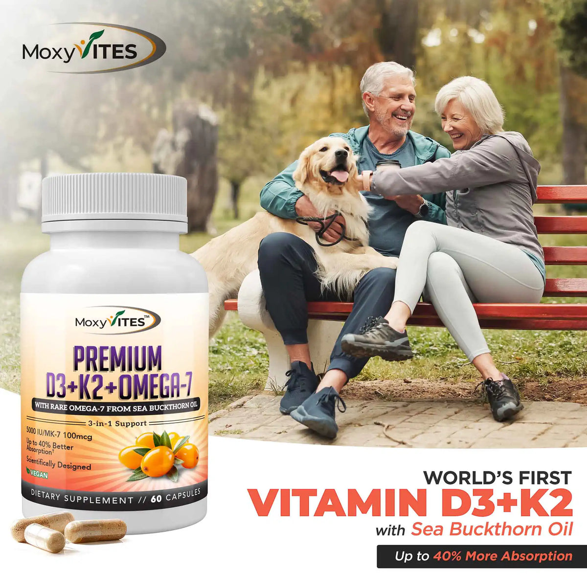 Supplement bottle with elderly couple and dog in a park setting, world's first vitamin D3+K2 with sea buckthorn oil.