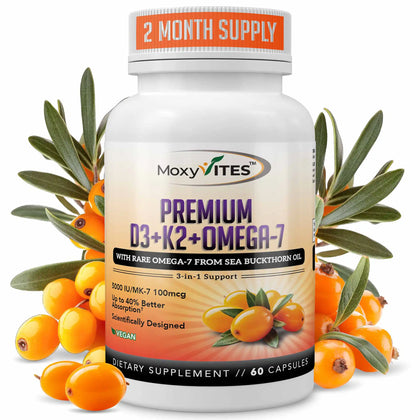 Supplement bottle labeled 'MoxyVites Premium D3+K2+Omega-7' with sea buckthorn berries on a white background