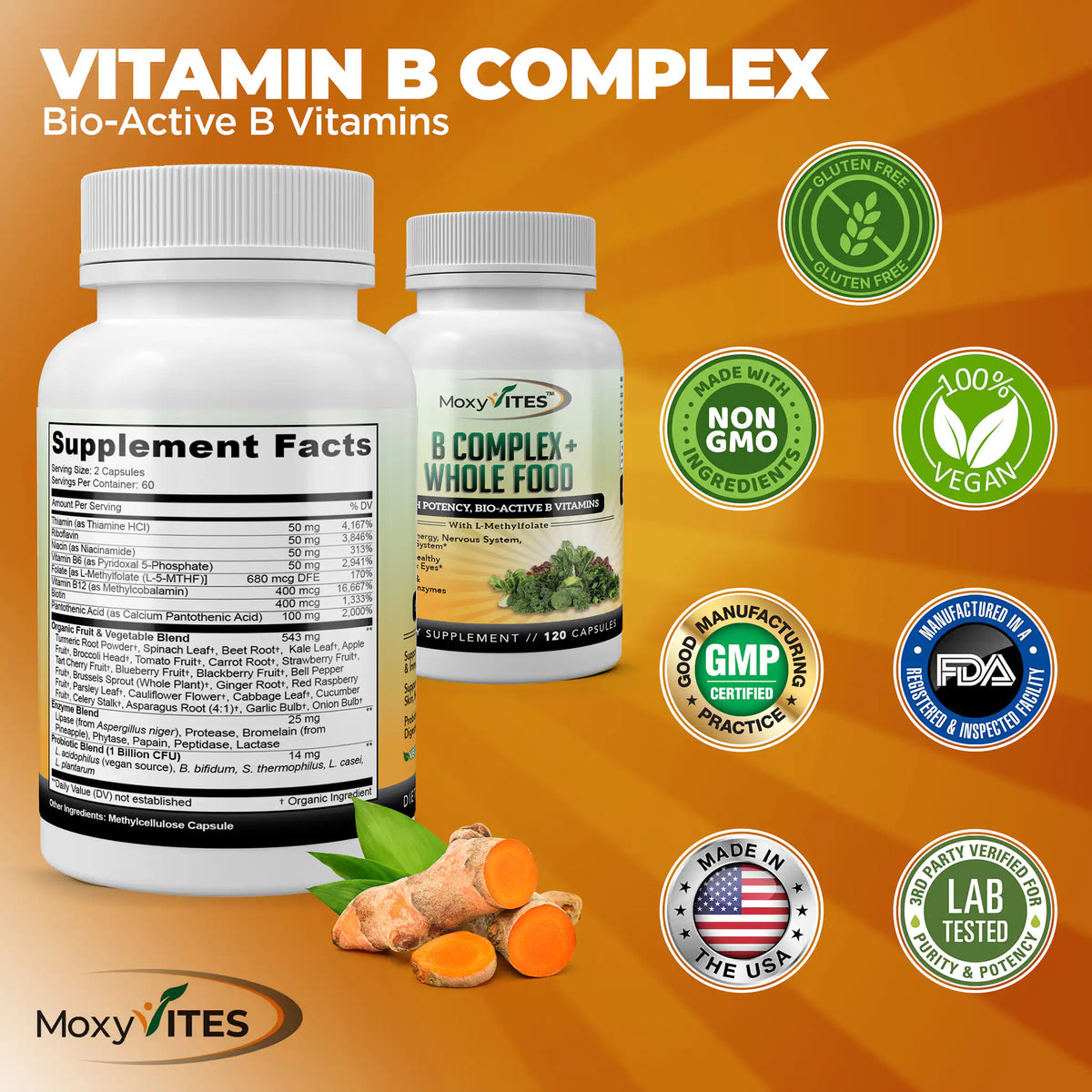 Two bottles with certification logos: Non GMO, 100% vegan, 3rd party tested, GMP Certified, Made in USA. 