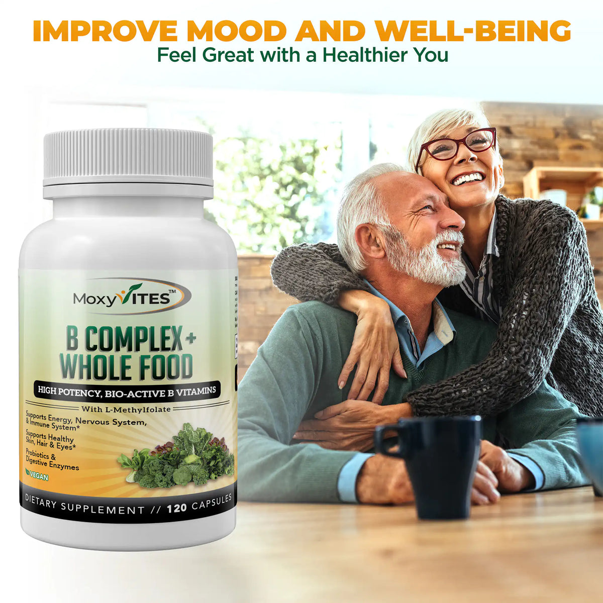 Happy smiling elderly couple embracing each other: feel great with a healthier you. 