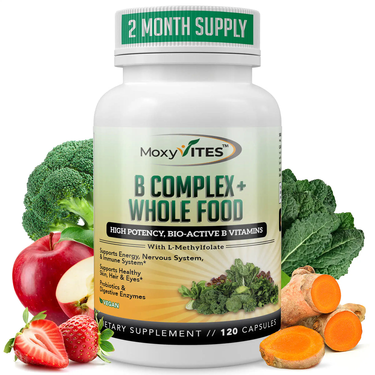 Supplement bottle labeled 'B Complex + Whole Food' by MoxyVites with vegetables and fruits on a white background