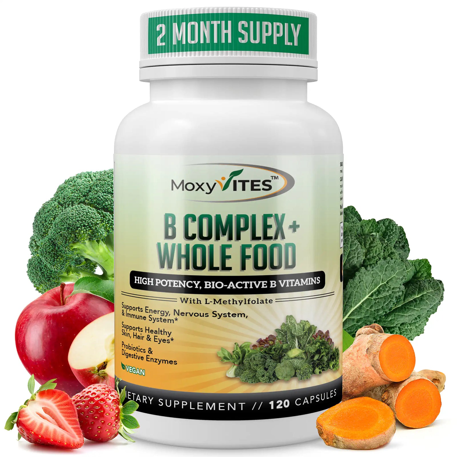 Supplement bottle labeled 'B Complex + Whole Food' by MoxyVites with vegetables and fruits on a white background