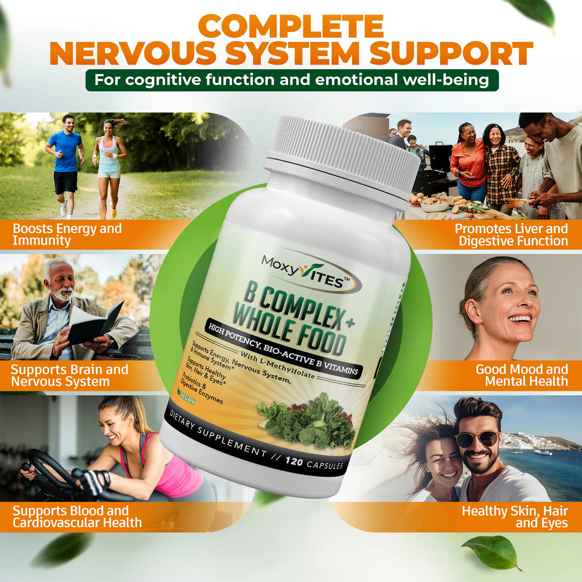 A bottle with lifestyle images and text about nervous system support boost energy and immunity, good mood and mental health. 