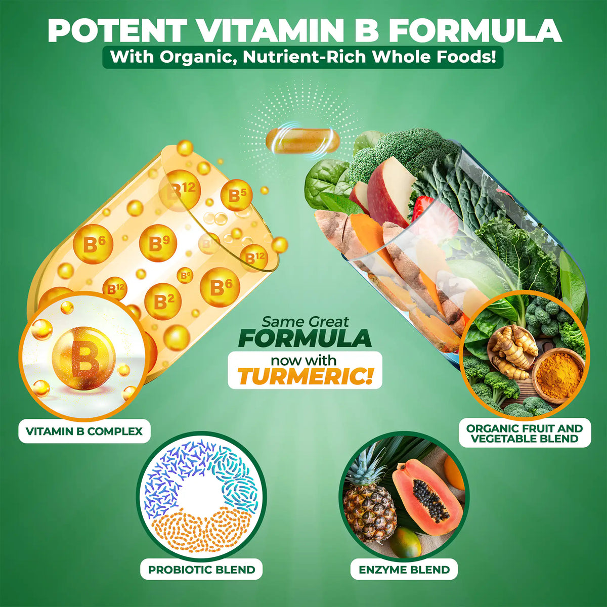Vitamin B complex formula with turmeric, organic fruit and vegetable blend, probiotic blend, enzyme blend. 